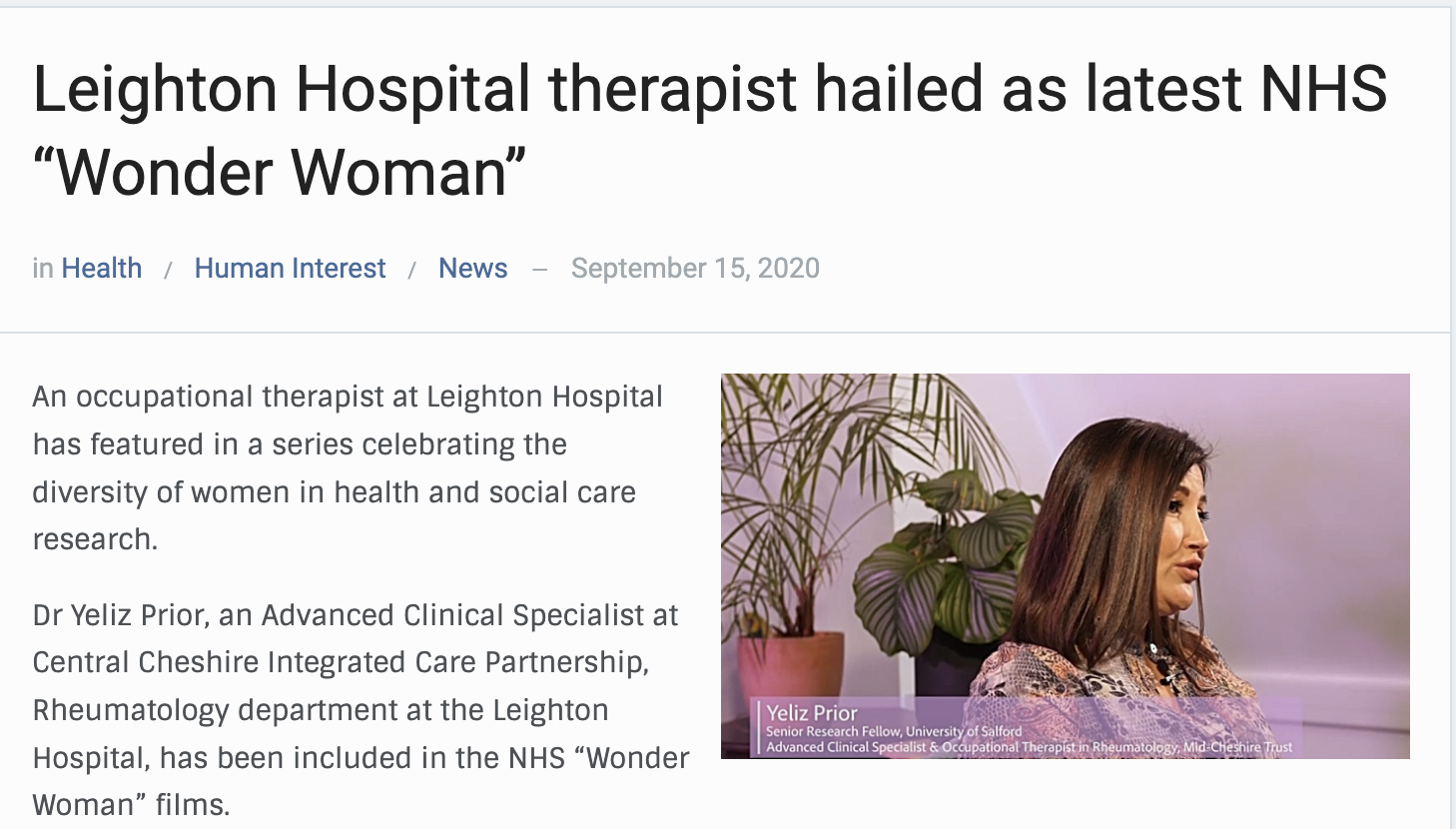 Leighton Hospital therapist hailed as latest NHS “Wonder Woman”