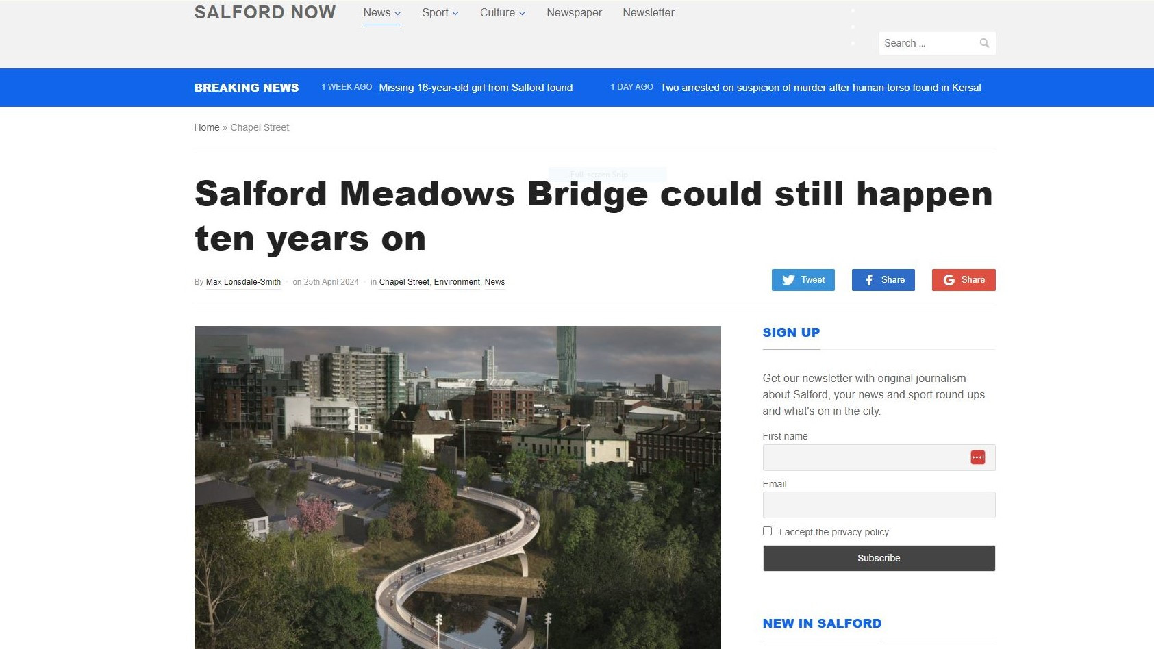 Interview about the Salford Meadows Bridge, in Salford Now