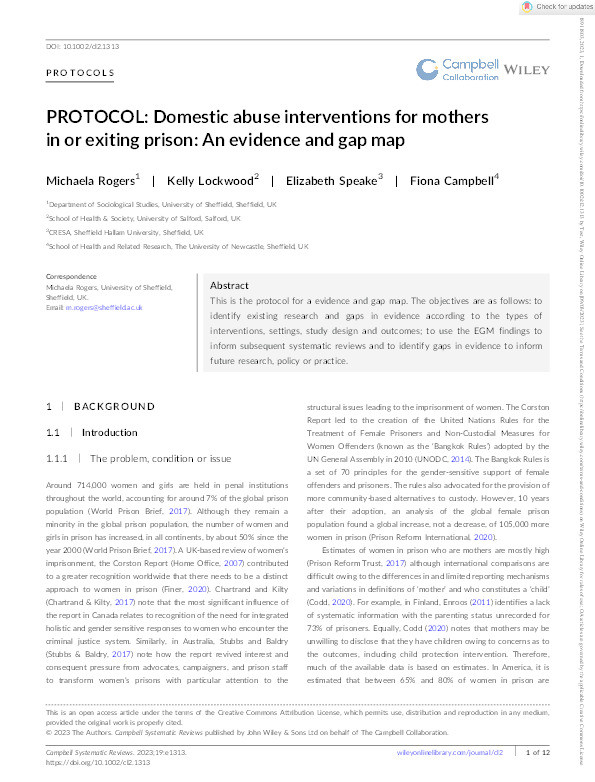 PROTOCOL: Domestic abuse interventions for mothers in or exiting prison: an evidence and gap map Thumbnail