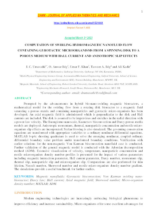 Computation of swirling hydromagnetic nanofluid flow containing gyrotactic microorganisms from a spinning disk to a porous medium with hall current and anisotropic slip effects Thumbnail