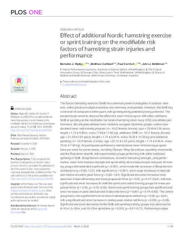Effect of additional Nordic hamstring exercise or sprint training on the modifiable risk factors of hamstring strain injuries and performance Thumbnail