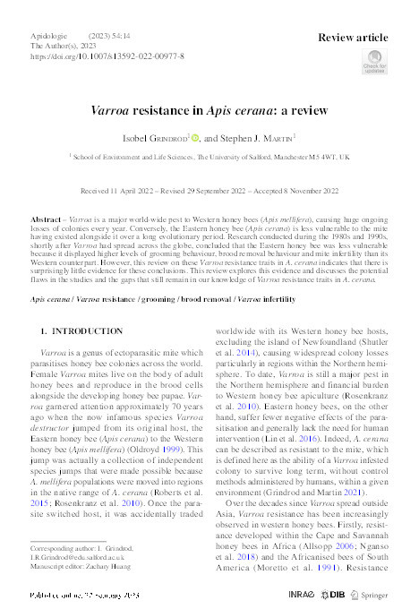 Varroa resistance in Apis cerana: a review Thumbnail