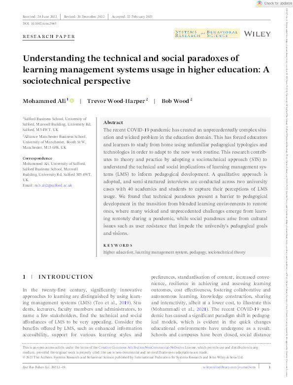 Understanding the technical and social paradoxes of learning management systems usage in Higher Education: a sociotechnical perspective Thumbnail