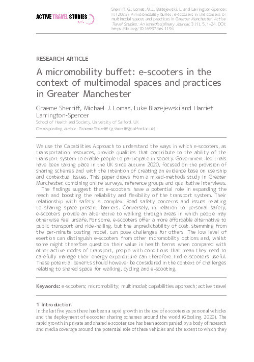 A Micromobility Buffet: E-Scooters in the Context of Multimodal Spaces and Practices in Greater Manchester Thumbnail