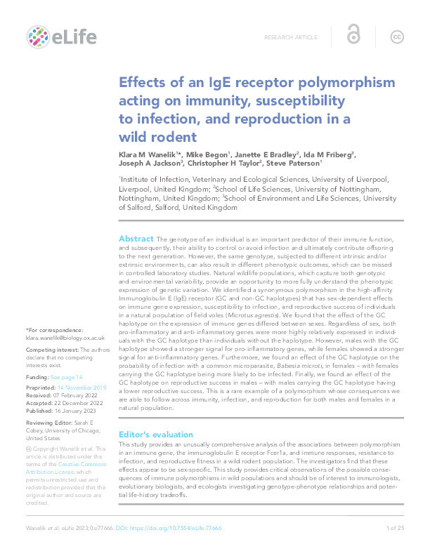 Effects of an IgE receptor polymorphism acting on immunity, susceptibility to infection, and reproduction in a wild rodent Thumbnail