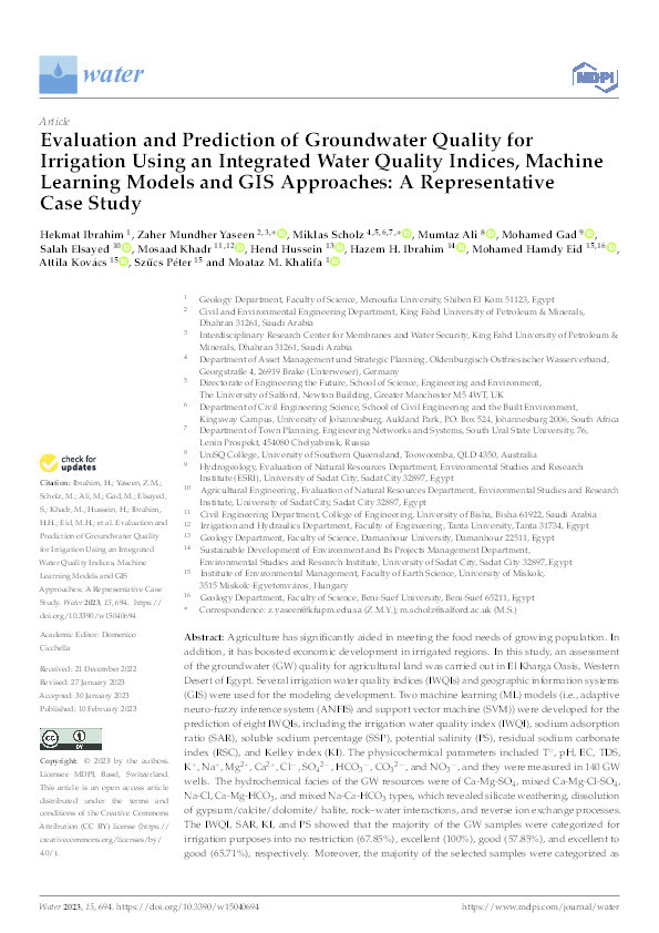 Evaluation and prediction of groundwater quality for irrigation using an integrated water quality indices, machine learning models and GIS approaches: a representative case study Thumbnail