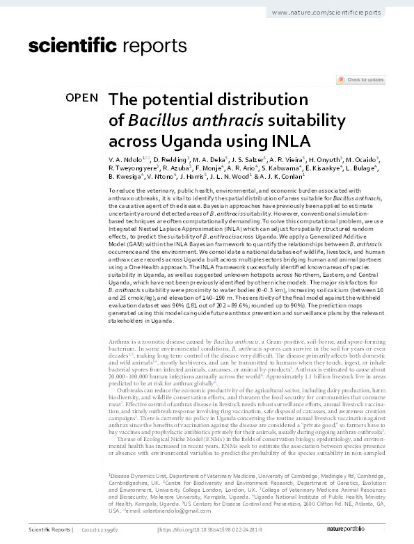 The potential distribution of Bacillus anthracis suitability across Uganda using INLA Thumbnail