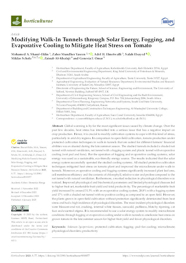 Modifying walk-in tunnels through solar energy, fogging, and evaporative cooling to mitigate heat stress on tomato Thumbnail