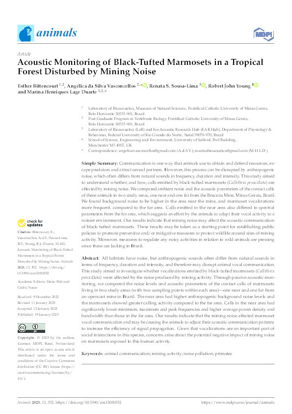 Acoustic monitoring of black-tufted marmosets in a tropical forest disturbed by mining noise Thumbnail