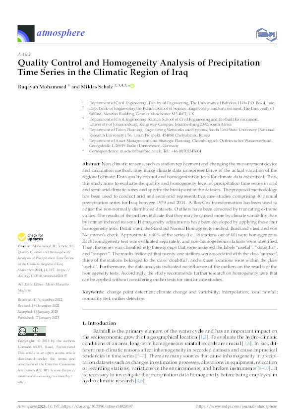 Quality control and homogeneity analysis of precipitation time series in the climatic region of Iraq Thumbnail