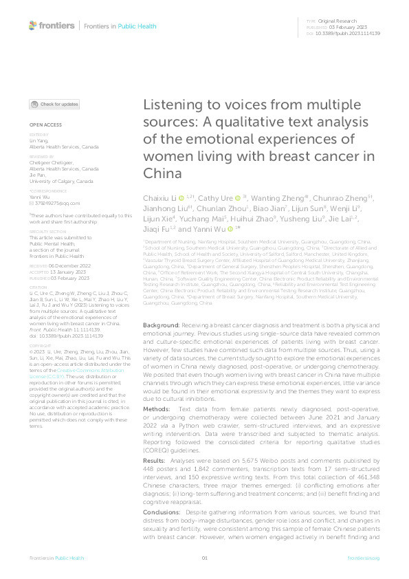 Listening to voices from multiple sources: A qualitative text analysis of the emotional experiences of women living with breast cancer in China Thumbnail