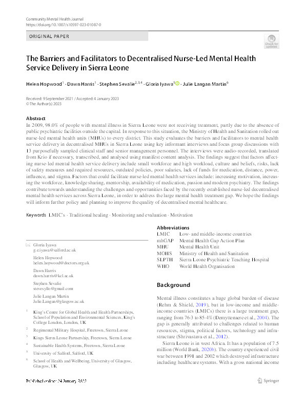 The Barriers and Facilitators to Decentralised Nurse-Led Mental Health Service Delivery in Sierra Leone Thumbnail