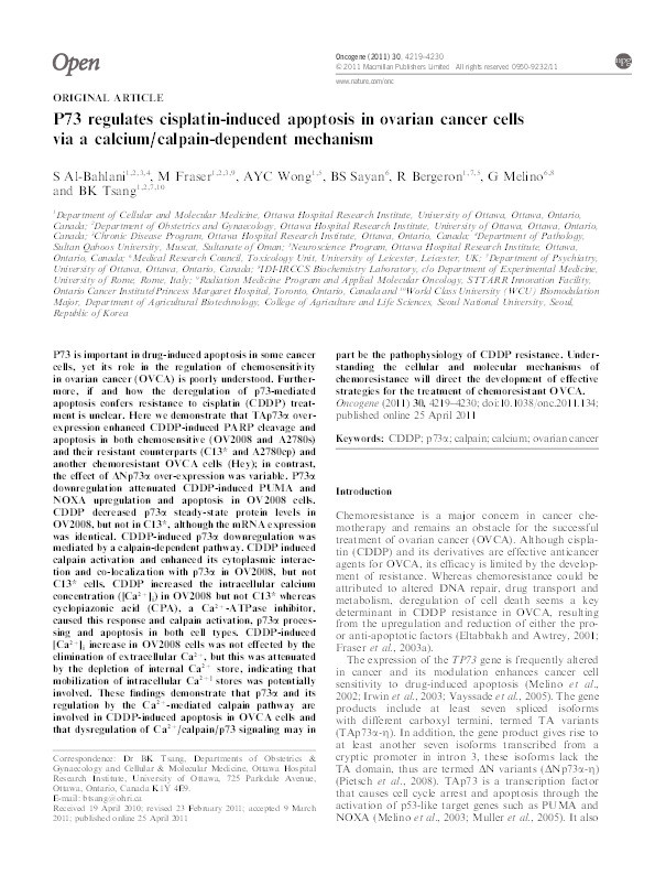 P73 regulates cisplatin-induced apoptosis in ovarian cancer cells via a calcium/calpain-dependent mechanism Thumbnail