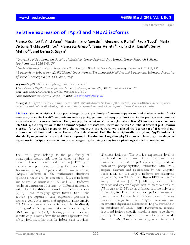 Relative expression of TAp73 and ΔNp73 isoforms Thumbnail