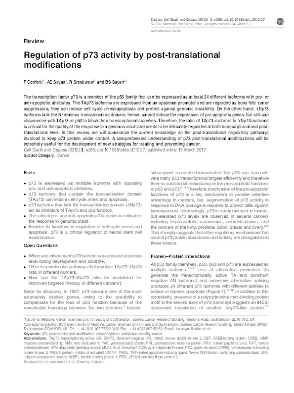 Regulation of p73 activity by post-translational modifications Thumbnail
