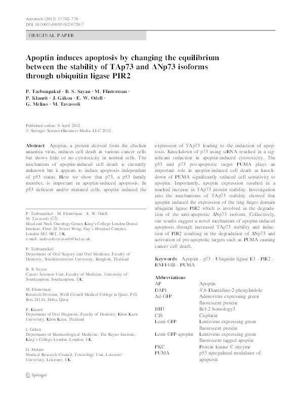 Apoptin induces apoptosis by changing the equilibrium between the stability of TAp73 and DNp73 isoforms through ubiquitin ligase PIR2 Thumbnail