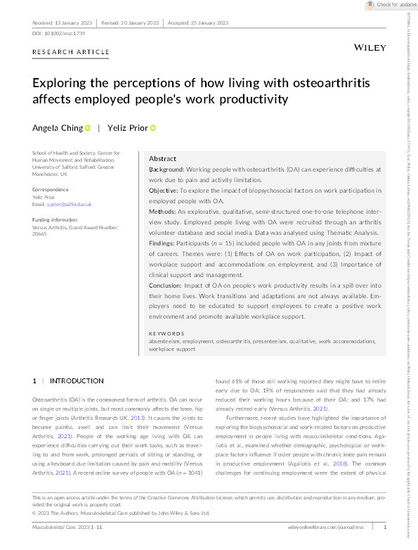 Exploring the perceptions of how living with osteoarthritis affects employed people's work productivity Thumbnail