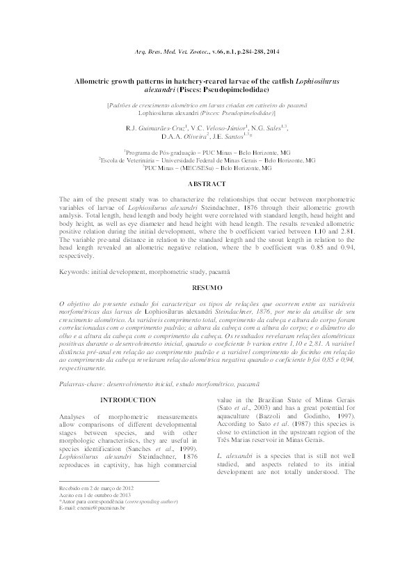 Allometric growth patterns in hatchery-reared larvae of the catfish Lophiosilurus alexandri (Pisces: Pseudopimelodidae) Thumbnail