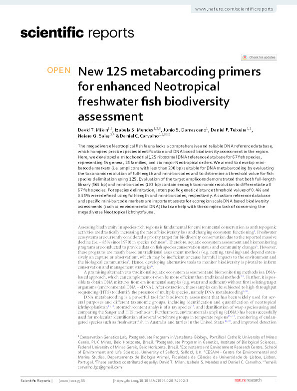 New 12S metabarcoding primers for enhanced Neotropical freshwater fish biodiversity assessment Thumbnail