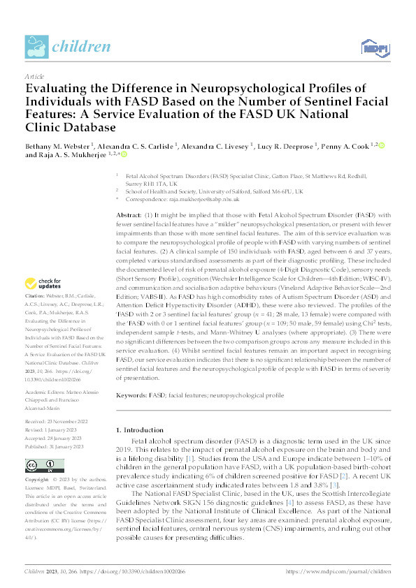 Evaluating the difference in neuropsychological profiles of individuals with FASD based on the number of sentinel facial features: a service evaluation of the FASD UK National Clinic Database Thumbnail