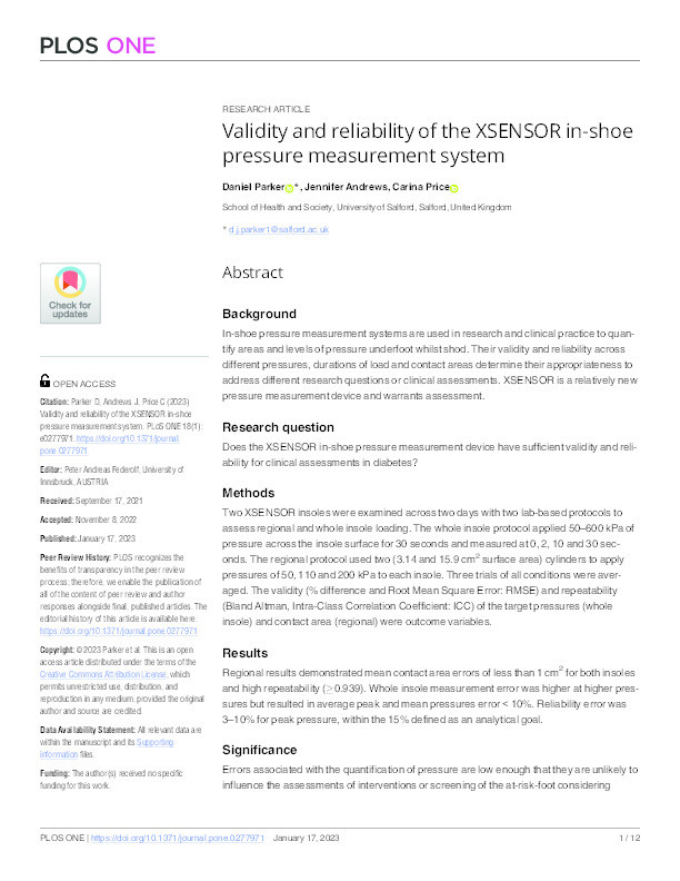 Validity and reliability of the XSENSOR in-shoe pressure measurement system Thumbnail