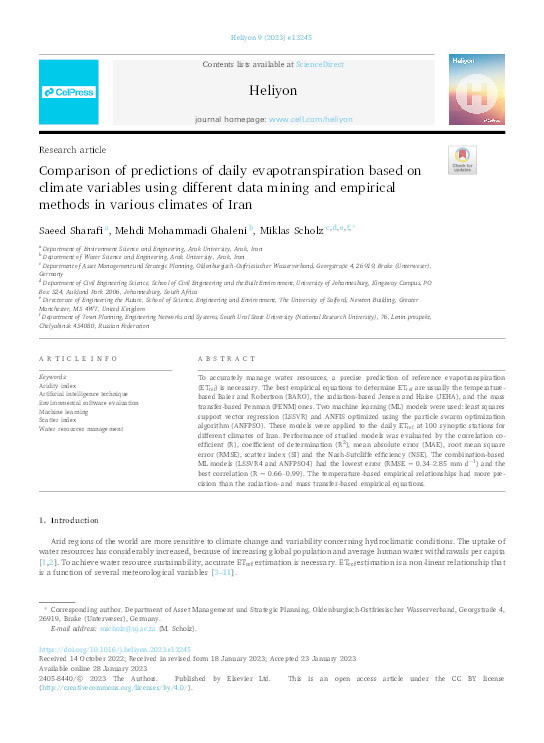 Comparison of predictions of daily evapotranspiration based on climate variables using different data mining and empirical methods in various climates of Iran Thumbnail