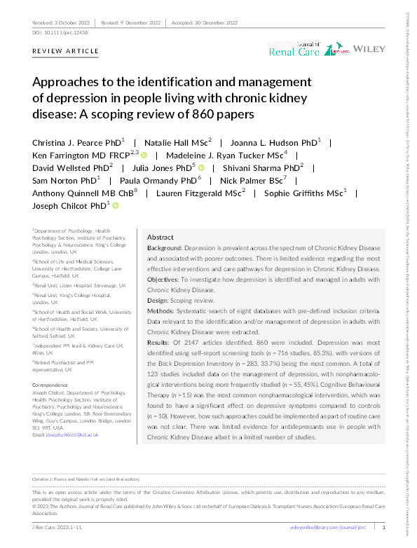 Approaches to the identification and management of depression in people living with chronic kidney disease: a scoping review of 860 papers Thumbnail