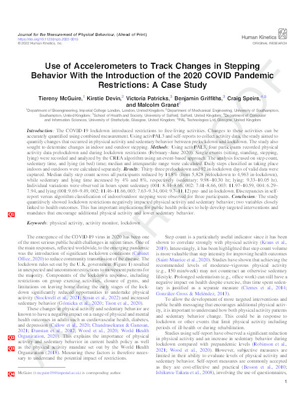 Use of accelerometers to track changes in stepping
behavior with the introduction of the 2020 COVID pandemic
restrictions: a case study Thumbnail