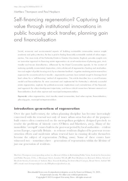 Self-financing regeneration? Capturing land value through institutional innovations in public housing stock transfer, planning gain and financialisation Thumbnail