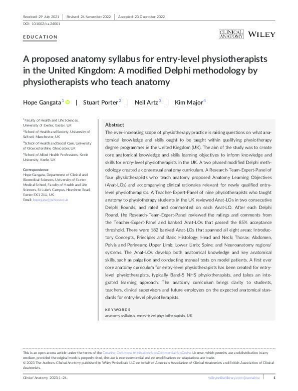 A proposed anatomy syllabus for entry‐level physiotherapists in the United Kingdom: a modified Delphi methodology by physiotherapists who teach anatomy Thumbnail