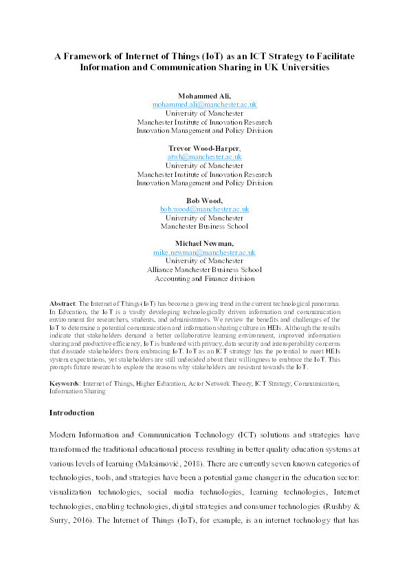 A framework of Internet of Things (IoT) as an ICT strategy to facilitate information and communication sharing in UK universities Thumbnail