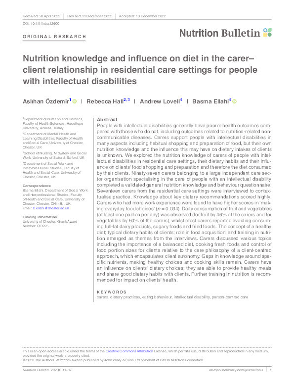 Nutrition knowledge and influence on diet in the carer–client relationship in residential care settings for people with intellectual disabilities Thumbnail