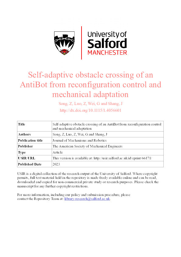 Self-adaptive obstacle crossing of an AntiBot from reconfiguration control and mechanical adaptation Thumbnail