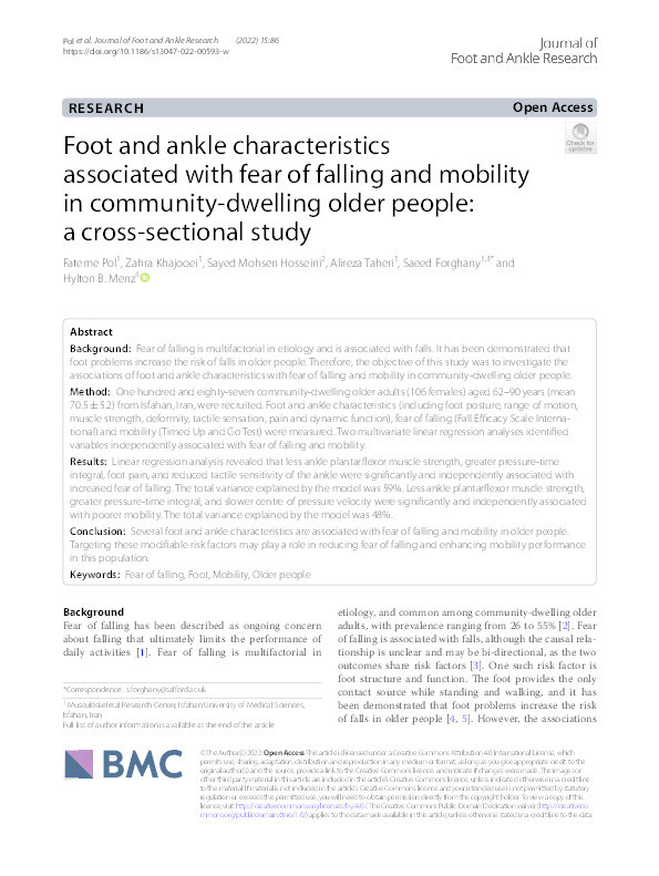 Foot and ankle characteristics associated with fear of falling and mobility in community‐dwelling older people: a cross‐sectional study Thumbnail