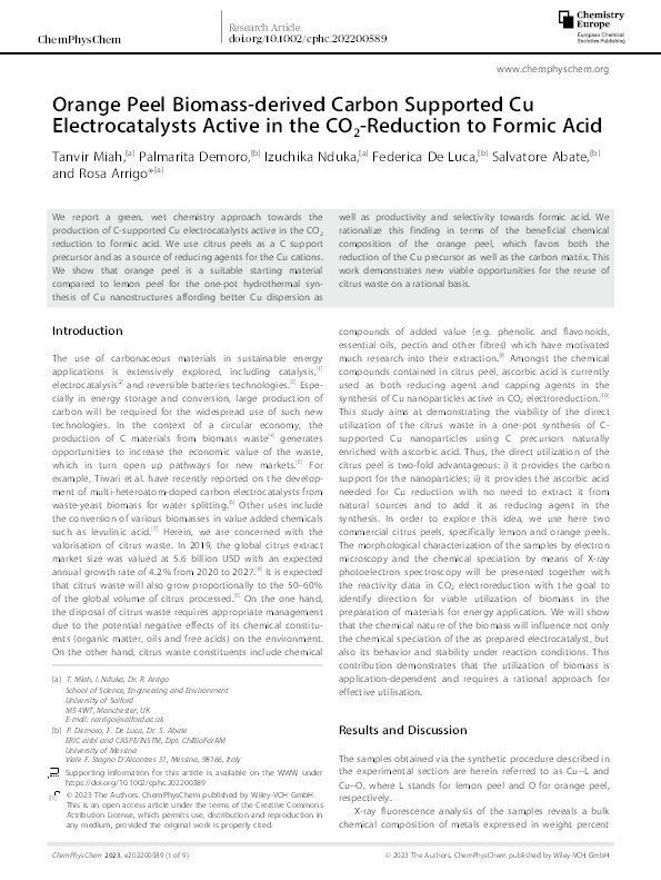 Orange peel biomass‐derived carbon supported Cu electrocatalysts active in the CO2 ‐ reduction to formic acid Thumbnail