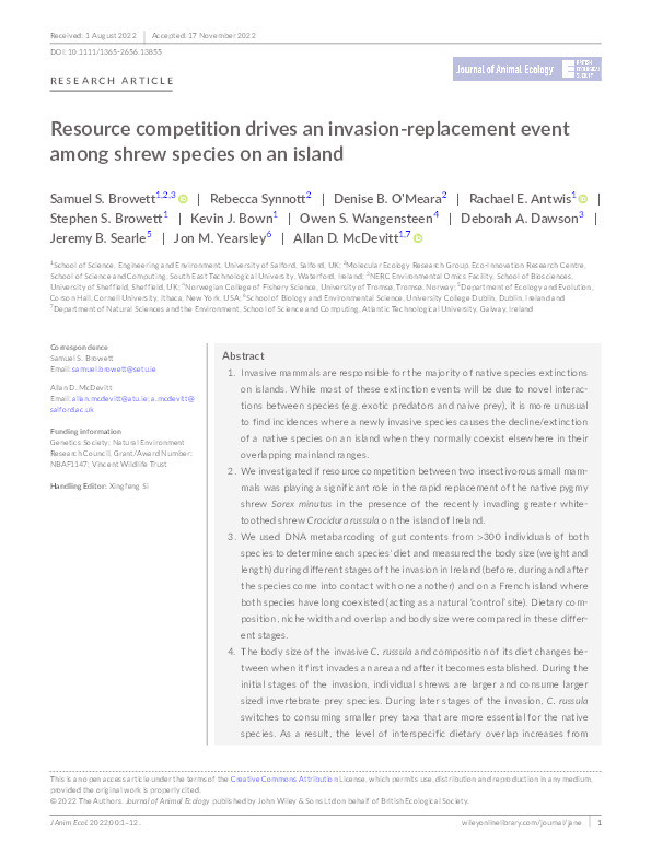 Resource competition drives an invasion‐replacement event among shrew species on an island Thumbnail