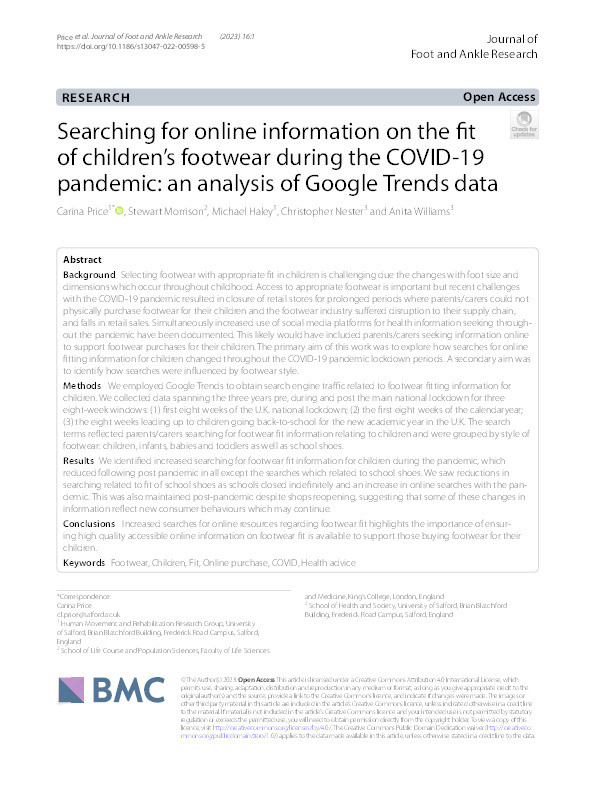 Searching for online information on the fit
of children’s footwear during the COVID-19
pandemic: an analysis of Google Trends data Thumbnail