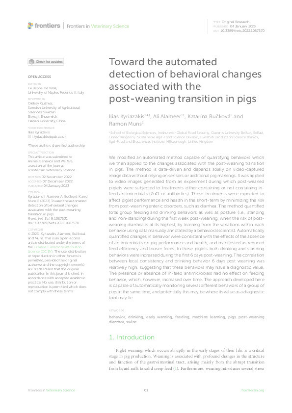 Toward the automated detection of behavioral changes associated with the post-weaning transition in pigs Thumbnail