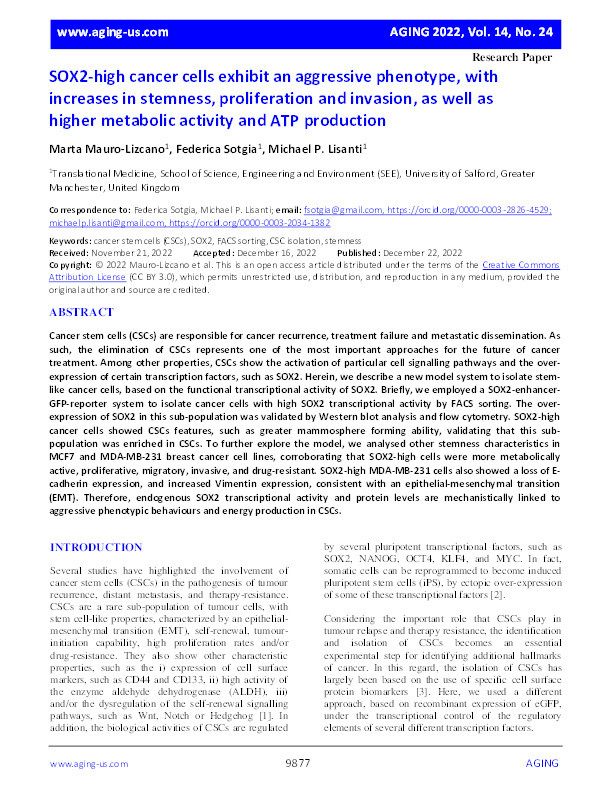 SOX2-high cancer cells exhibit an aggressive phenotype, with increases in stemness, proliferation and invasion, as well as higher metabolic activity and ATP production Thumbnail