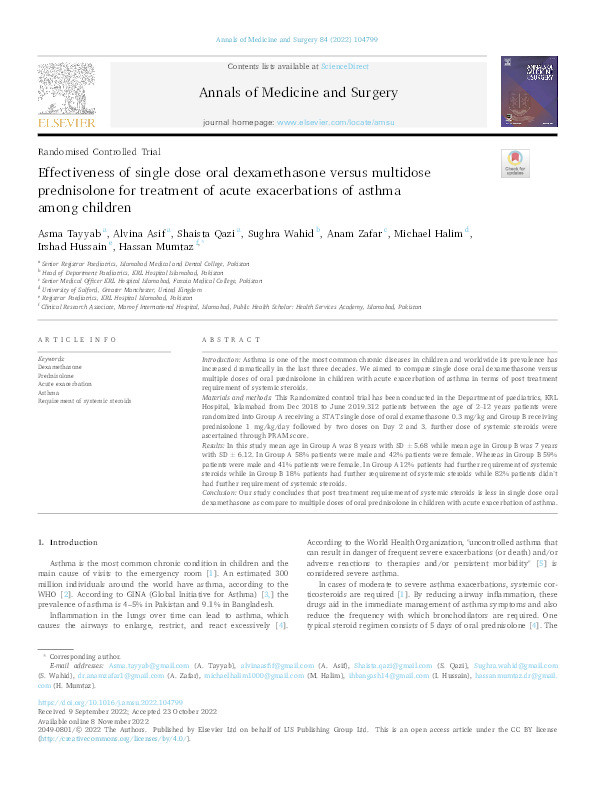 Effectiveness of single dose oral dexamethasone versus multidose prednisolone for treatment of acute exacerbations of asthma among children Thumbnail