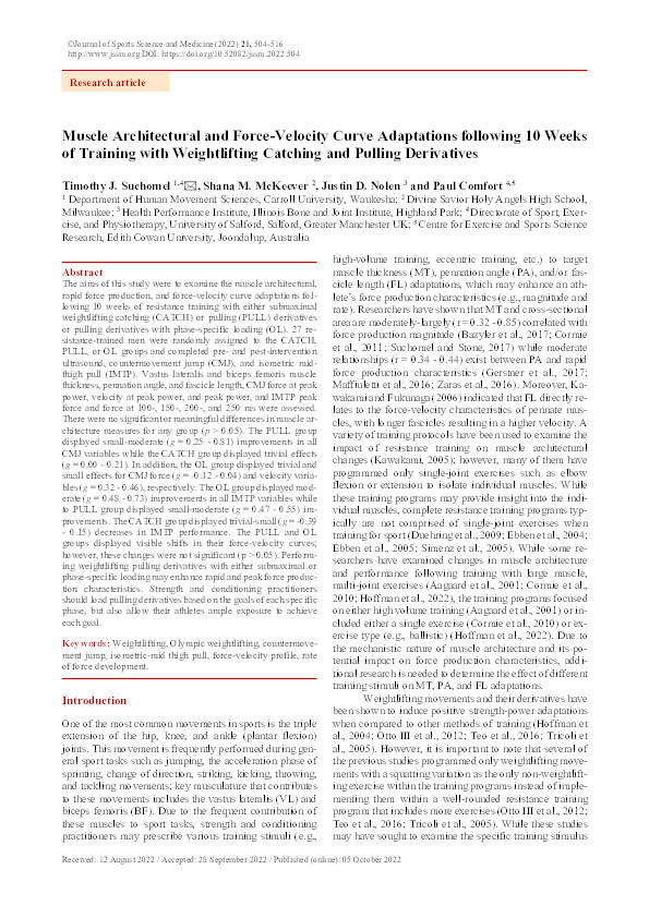 Muscle architectural and force-velocity curve adaptations following 10 weeks of training with weightlifting catching and pulling derivatives Thumbnail