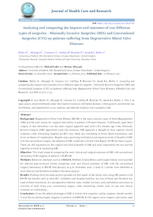 Analyzing and comparing the impacts and outcomes of two different types of surgeries - Minimally Invasive Surgeries (MIS) and Conventional Surgeries (CVS) on patients suffering from Degenerative Mitral Valve Diseases Thumbnail
