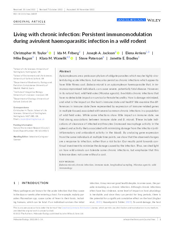 Living with chronic infection: persistent immunomodulation during avirulent haemoparasitic infection in a wild rodent Thumbnail