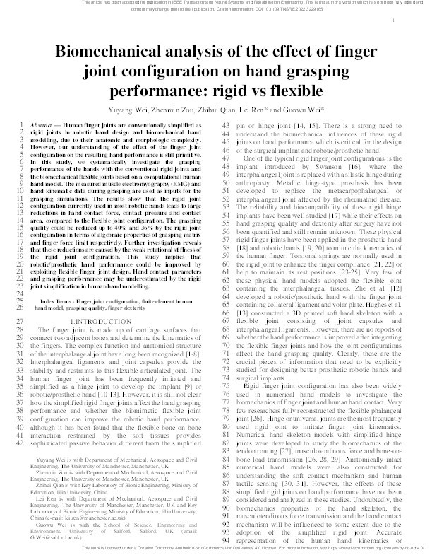 Biomechanical analysis of the effect of finger joint configuration on hand grasping performance: rigid vs flexible Thumbnail