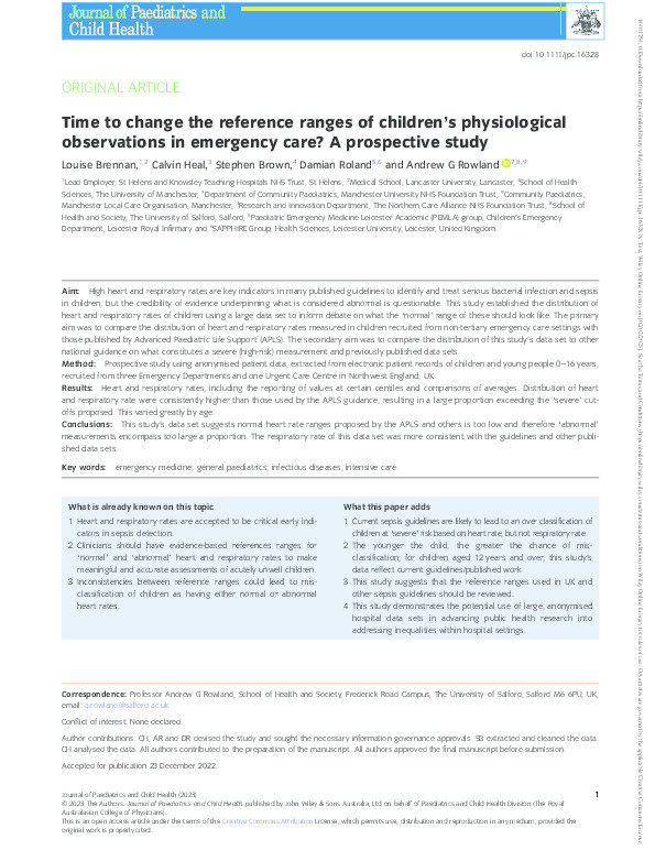 Time to change the reference ranges of children’s physiological observations in emergency care? A prospective study Thumbnail
