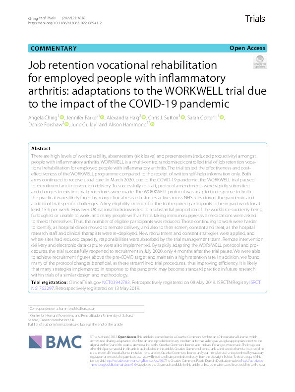 Job retention vocational rehabilitation for employed people with inflammatory arthritis: adaptations to the Workwell trial due to the impact of the COVID-19 pandemic Thumbnail