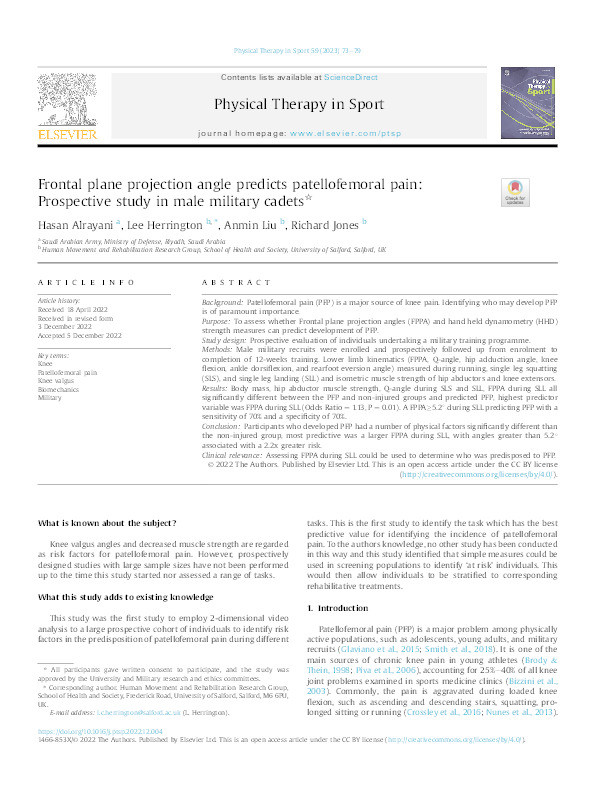 Frontal plane projection angle predicts patellofemoral pain: prospective study in male military cadets Thumbnail