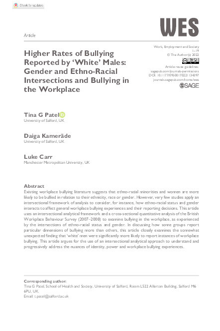 Higher Rates of Bullying Reported by ‘White’ Males: Gender and Ethno-Racial Intersections and Bullying in the Workplace Thumbnail