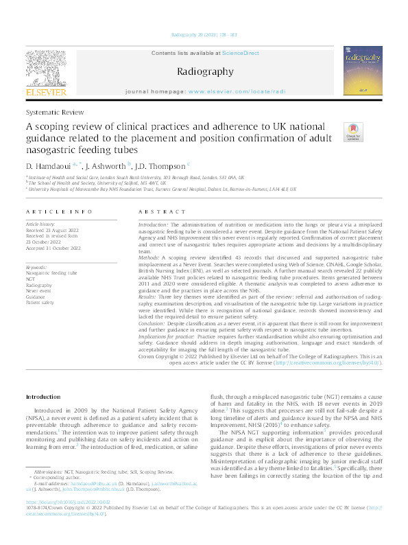 A scoping review of clinical practices and adherence to UK national guidance related to the placement and position confirmation of adult nasogastric feeding tubes Thumbnail