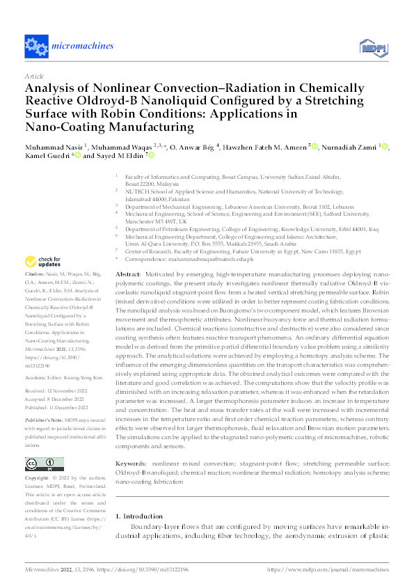 Analysis of Nonlinear Convection–Radiation in Chemically Reactive Oldroyd-B Nanoliquid Configured by a Stretching Surface with Robin Conditions: Applications in Nano-Coating Manufacturing Thumbnail